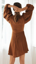Sexy Solid Color Lantern Sleeve Long Sleeve V neck Lace up Ruffled Large Swing Dress - 