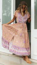 Speed Women Clothing Bohemian Vacation Dress Positioning Floral Single - Breasted Dress - 