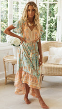 Speed Women Clothing Bohemian Vacation Dress Positioning Floral Single - Breasted Dress - 