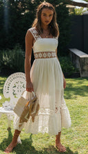 Spring Summer Women Clothing Long Lace Stitching Big Swing Dress - 