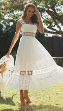 Spring Summer Women Clothing Long Lace Stitching Big Swing Dress - 