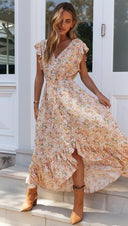 Summer Popular V neck Printing Dress Single Breasted Irregular Asymmetric Cinched Self Tie Dress - 