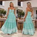 Summer Women Printed Wear Strap Long Backless Stitching Big Swing Dress - 