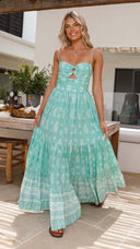 Summer Women Printed Wear Strap Long Backless Stitching Big Swing Dress - 