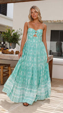 Summer Women Printed Wear Strap Long Backless Stitching Big Swing Dress - 