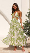 Summer Women V neck Backless Lace Printing Swing Maxi Dress - 