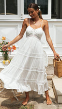 Sundress Women Bohemian Strap Dress Lace Stitching Large Swing Dress - 