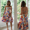 Sundress Women Clothing Printed Strap Backless Lace - up Large Swing Dress - 