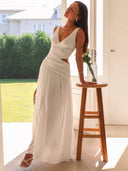 V neck Sleeveless Solid Color Stitching Big Swing Maxi Dress - 