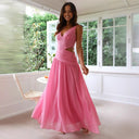 V neck Sleeveless Solid Color Stitching Big Swing Maxi Dress - 