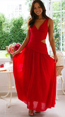 V neck Sleeveless Solid Color Stitching Big Swing Maxi Dress - 