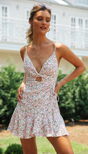 V neck Women Printed Wear Short Hollow Out Cutout Backless Dress - 