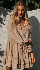 Women Clothing Fall Winter V neck Lace up Lantern Sleeve Dress - 