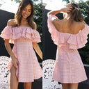 Women Clothing New Plaid off - Shoulder Ruffled Collar Show Fashion Dress - 