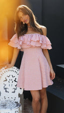 Women Clothing New Plaid off - Shoulder Ruffled Collar Show Fashion Dress - 