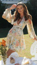 Women Clothing Printed V neck Puff Sleeve Lace Stitching Big Swing Dress - 