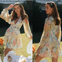 Women Clothing Printed V neck Puff Sleeve Lace Stitching Big Swing Dress - 