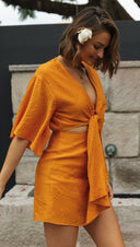 Women Clothing Solid Color Chest Tie up Short Irregular Asymmetric Hem Dress - 