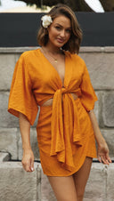 Women Clothing Solid Color Chest Tie up Short Irregular Asymmetric Hem Dress - 