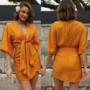 Women Clothing Solid Color Chest Tie up Short Irregular Asymmetric Hem Dress - 