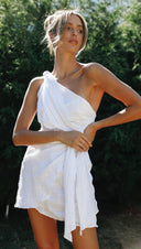 Women Clothing Solid Color Shoulder Belt Irregular Asymmetric Hem Dress - 