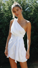 Women Clothing Solid Color Shoulder Belt Irregular Asymmetric Hem Dress - 