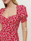 Women Clothing Square Collar Lantern Short Sleeve Printed Slit Hemline Hem - 