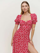 Women Clothing Square Collar Lantern Short Sleeve Printed Slit Hemline Hem - 