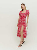 Women Clothing Square Collar Lantern Short Sleeve Printed Slit Hemline Hem - 