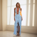Women Clothing Summer Elegant Sexy Deep V Plunge neck Hollow Out Cutout Halter Lace up Lace Split Dress - 