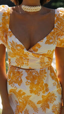 Women Clothing V - neck Back Smocking Series Belt Printing Maxi Dress Leaf Floral Printed - 