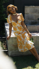Women Clothing V - neck Back Smocking Series Belt Printing Maxi Dress Leaf Floral Printed - 