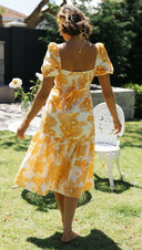 Women Clothing V - neck Back Smocking Series Belt Printing Maxi Dress Leaf Floral Printed - 