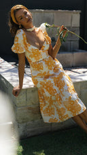 Women Clothing V - neck Back Smocking Series Belt Printing Maxi Dress Leaf Floral Printed - 