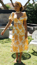 Women Clothing V - neck Back Smocking Series Belt Printing Maxi Dress Leaf Floral Printed - 