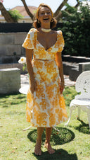 Women Clothing V - neck Back Smocking Series Belt Printing Maxi Dress Leaf Floral Printed - 