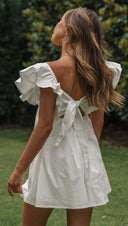 Women Clothing V Neck Ruffle Sleeve Youthful Short Dress - 