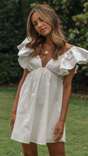 Women Clothing V Neck Ruffle Sleeve Youthful Short Dress - 