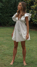 Women Clothing V Neck Ruffle Sleeve Youthful Short Dress - 