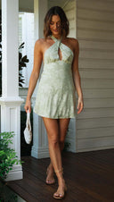 Women Embroidery Positioning Floral Backless Halter Knotted Short Dress - 