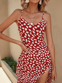 Women Printed Strap Waist - Tight Slit Hemline at Hem Mid Length Dress - 