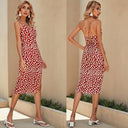Women Printed Strap Waist - Tight Slit Hemline at Hem Mid Length Dress - 