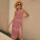 Women Printed Strap Waist - Tight Slit Hemline at Hem Mid Length Dress - 