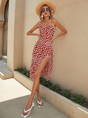 Women Printed Strap Waist - Tight Slit Hemline at Hem Mid Length Dress - 