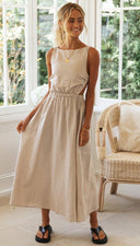 Women Solid Color Sleeveless round Neck Sexy Backless Maxi Dress Large Swing Dress - 