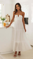 Women V neck Brace Maxi Dress Elegant Shoulder Baring Sleeveless Sling - 