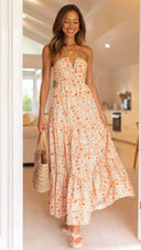 Women V neck Brace Maxi Dress Elegant Shoulder Baring Sleeveless Sling - 