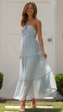 Women V neck Brace Maxi Dress Elegant Shoulder Baring Sleeveless Sling - 