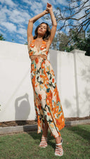 Women V neck Halter Backless High Split Hemline at Hem Maxi Dress - 