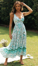 Women V neck Positioning Floral Maxi Dress Backless Lace - up Dress - 